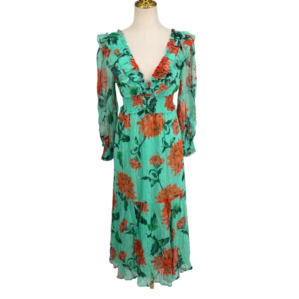 Anthropologie Floral Midi Dress XXSP Green Smocked Ruffle VNeck Boho Cottagecore